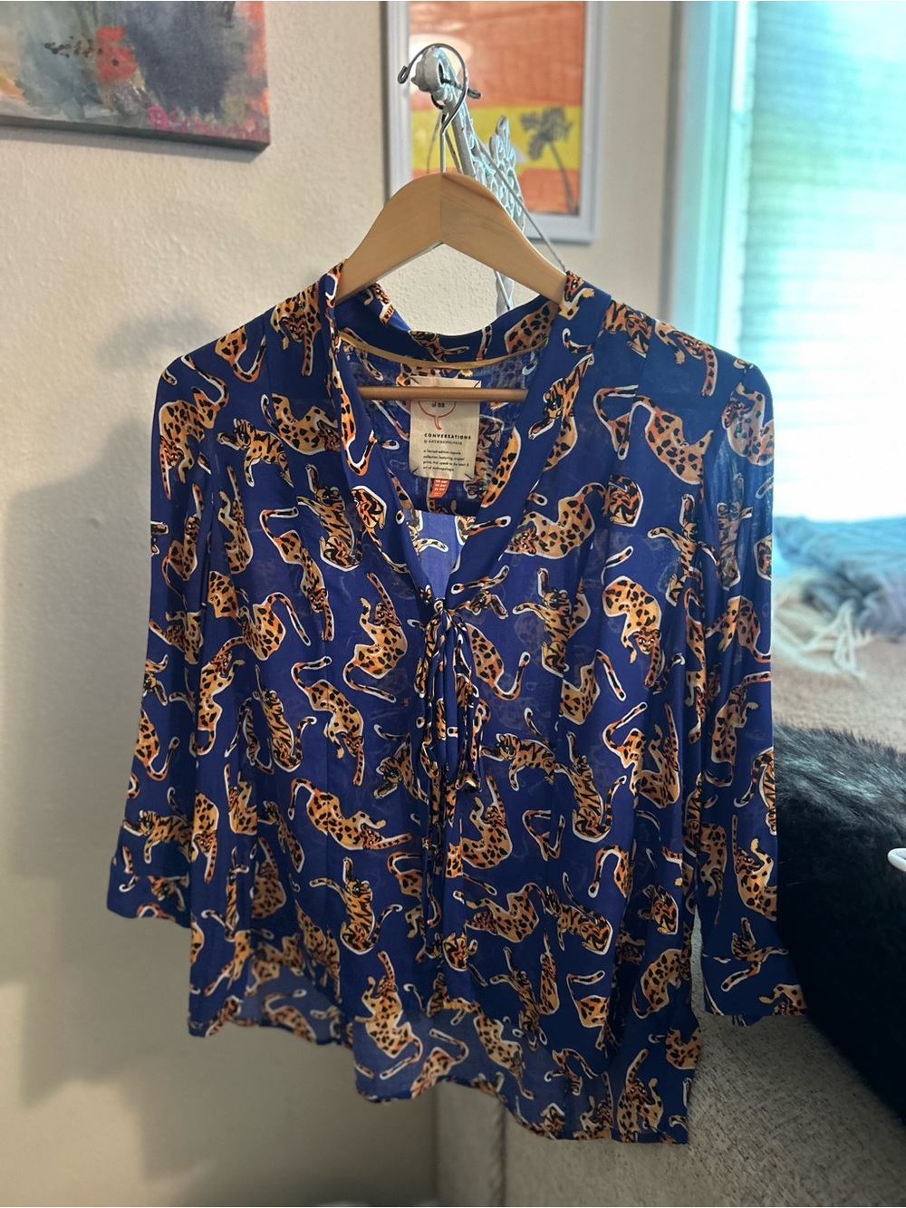 Anthropologie Blue Leopard-Print Tie-Neck Blouse 17 of 52 Conversations 4 petite